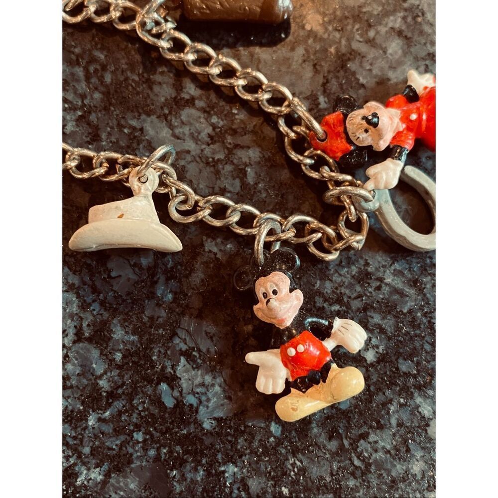 Vintage 1980s Disney Charm Gold Bracelet Mickey Mouse Minnie Cowboy - Picture 2 of 6